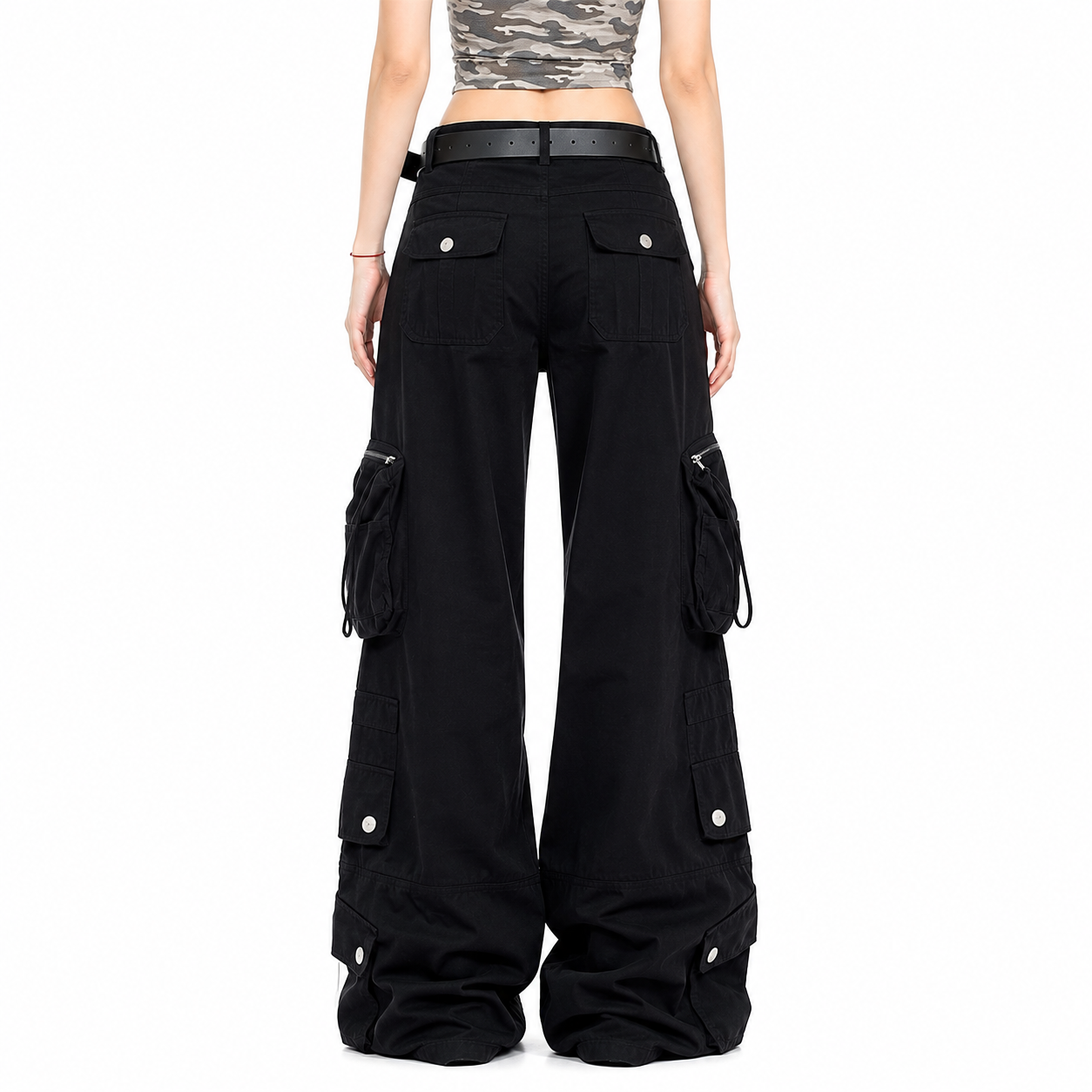 Black wide-leg cargo pants with multiple utility pockets and silver snap details, shown on a model from the back against a white background.
