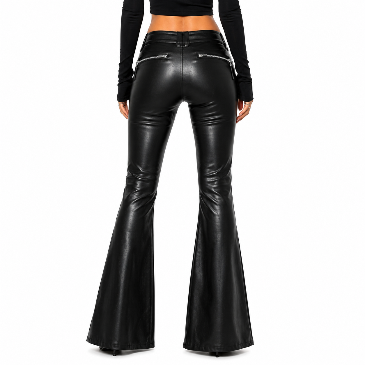 Women’s Black Faux Leather Lace Up Flare Pants with Zip Pockets in Pakistan