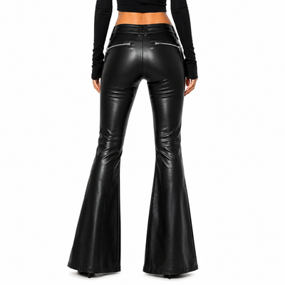 Women’s Black Faux Leather Lace Up Flare Pants with Zip Pockets in Pakistan