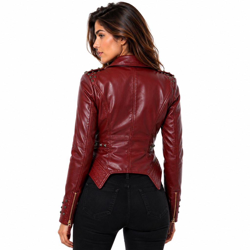 A woman shown from the back wearing a fitted burgundy leather jacket with decorative metal studs and zip details, paired with black pants, against a plain white studio background.