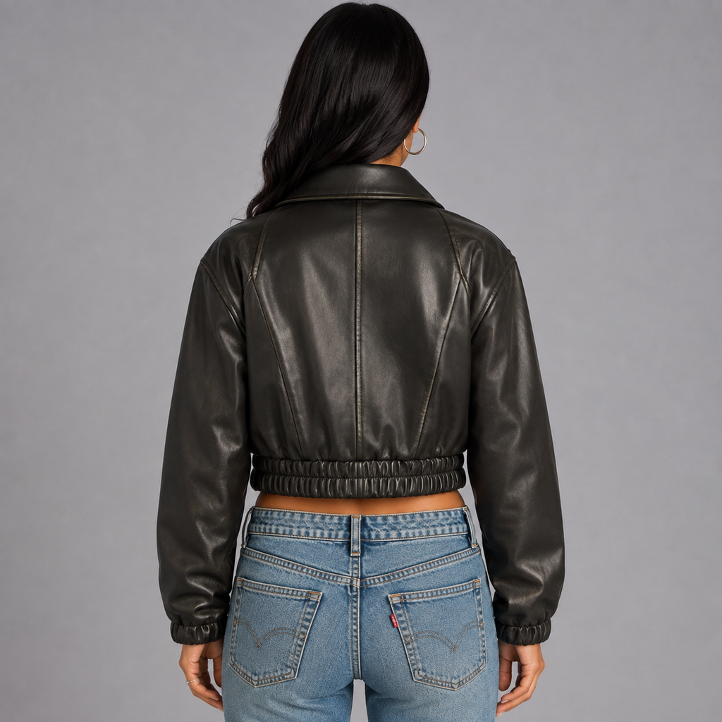 A woman viewed from the back wearing a cropped black faux-leather jacket with a gathered elastic hem and cuffs, paired with light blue jeans, against a solid gray studio background.