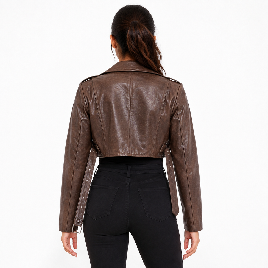 A woman viewed from the back wearing a cropped brown faux-leather moto jacket with side tie details and silver studs, paired with black pants, against a plain white background.