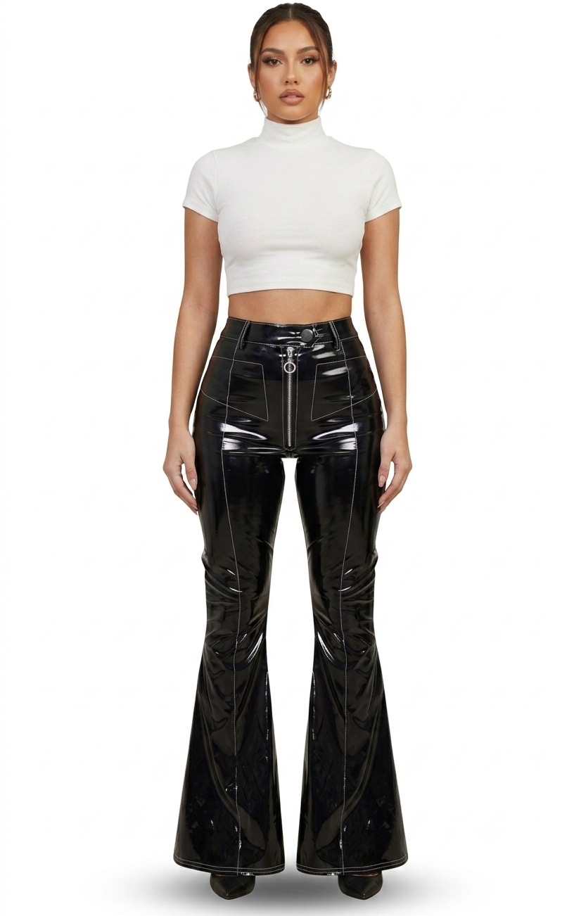 A model wearing a white short-sleeve mock neck crop top and shiny black high-waisted patent flare pants with front zippers, photographed against a plain white background.