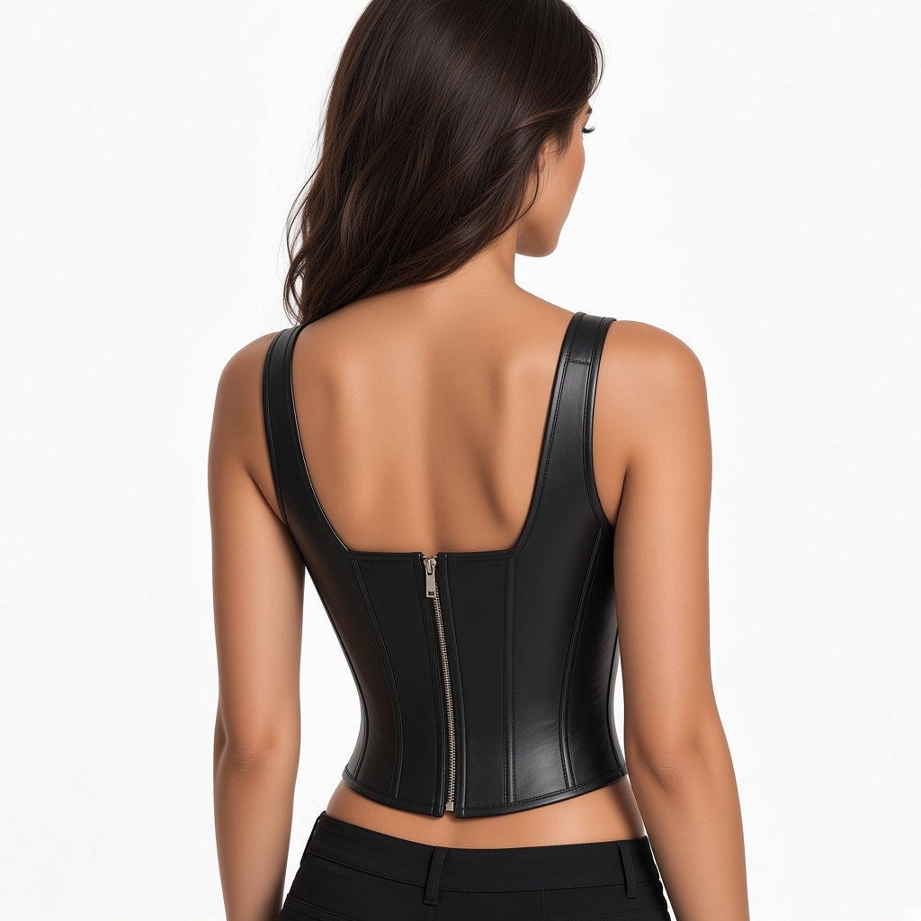 A woman shown from the back wearing a black faux-leather corset-style top with a center zipper, photographed against a clean white studio background.