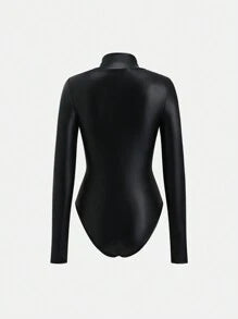 Women’s Black Faux Leather Long-Sleeve Bodysuit with Zip Neck and Stand Collar
