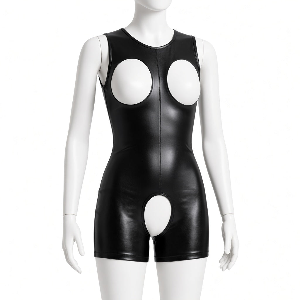 A black latex or shiny faux-leather one-piece romper with large white circular cutouts, displayed on a white mannequin against a plain white background.