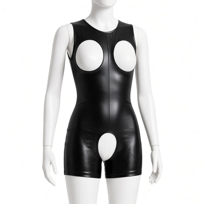 A black latex or shiny faux-leather one-piece romper with large white circular cutouts, displayed on a white mannequin against a plain white background.