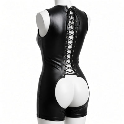 Black faux-leather bodysuit with a lace-up back, shown from the back on a white mannequin against a white background.