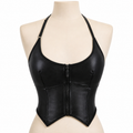 Black faux leather corset-style halter top with front zipper, displayed on a beige mannequin torso against a white background.