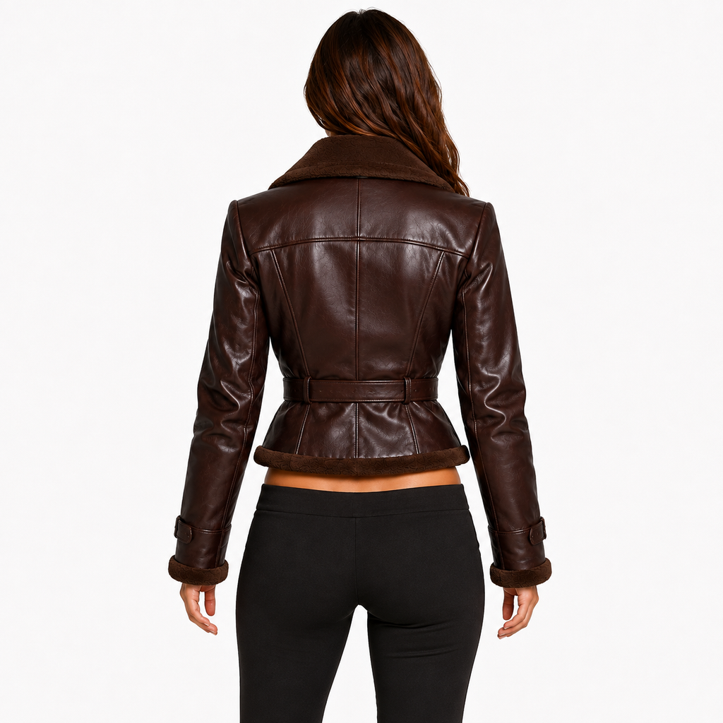 A woman viewed from the back wearing a dark brown faux-leather jacket with a collar and a matching belt, paired with black pants, against a plain white background.