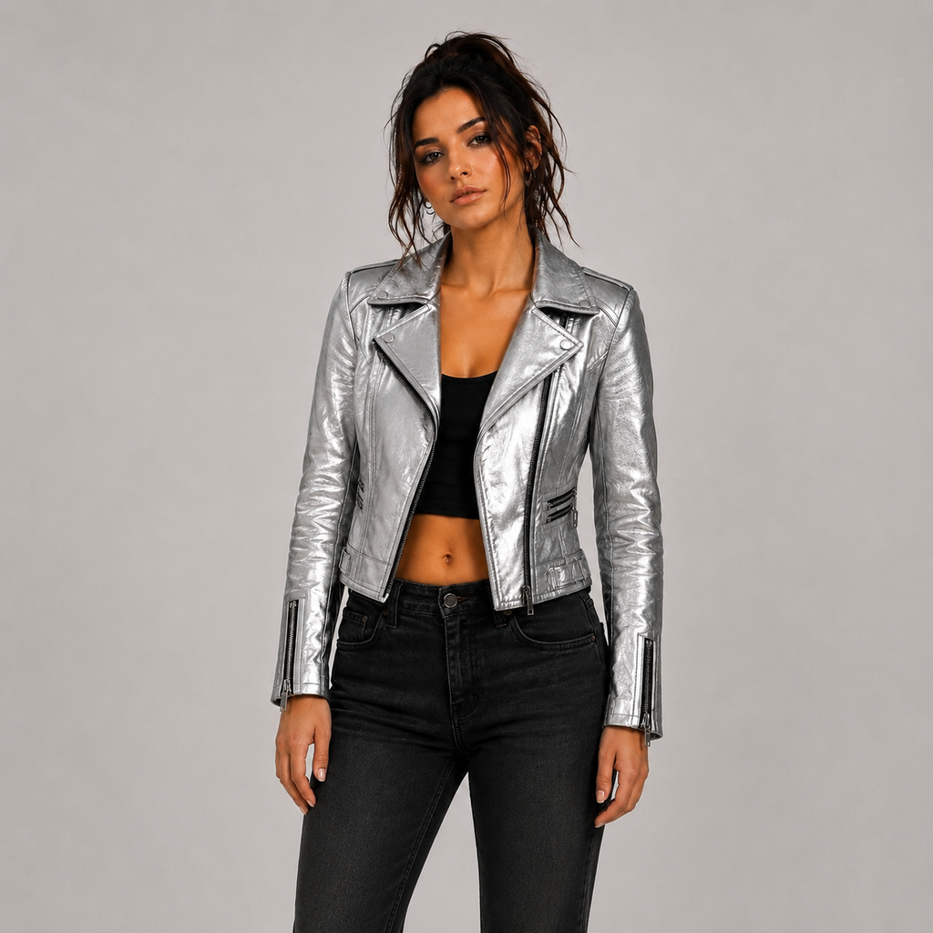 A woman modeling a metallic silver cropped moto jacket with black jeans and a black crop top, standing against a solid gray studio background.
