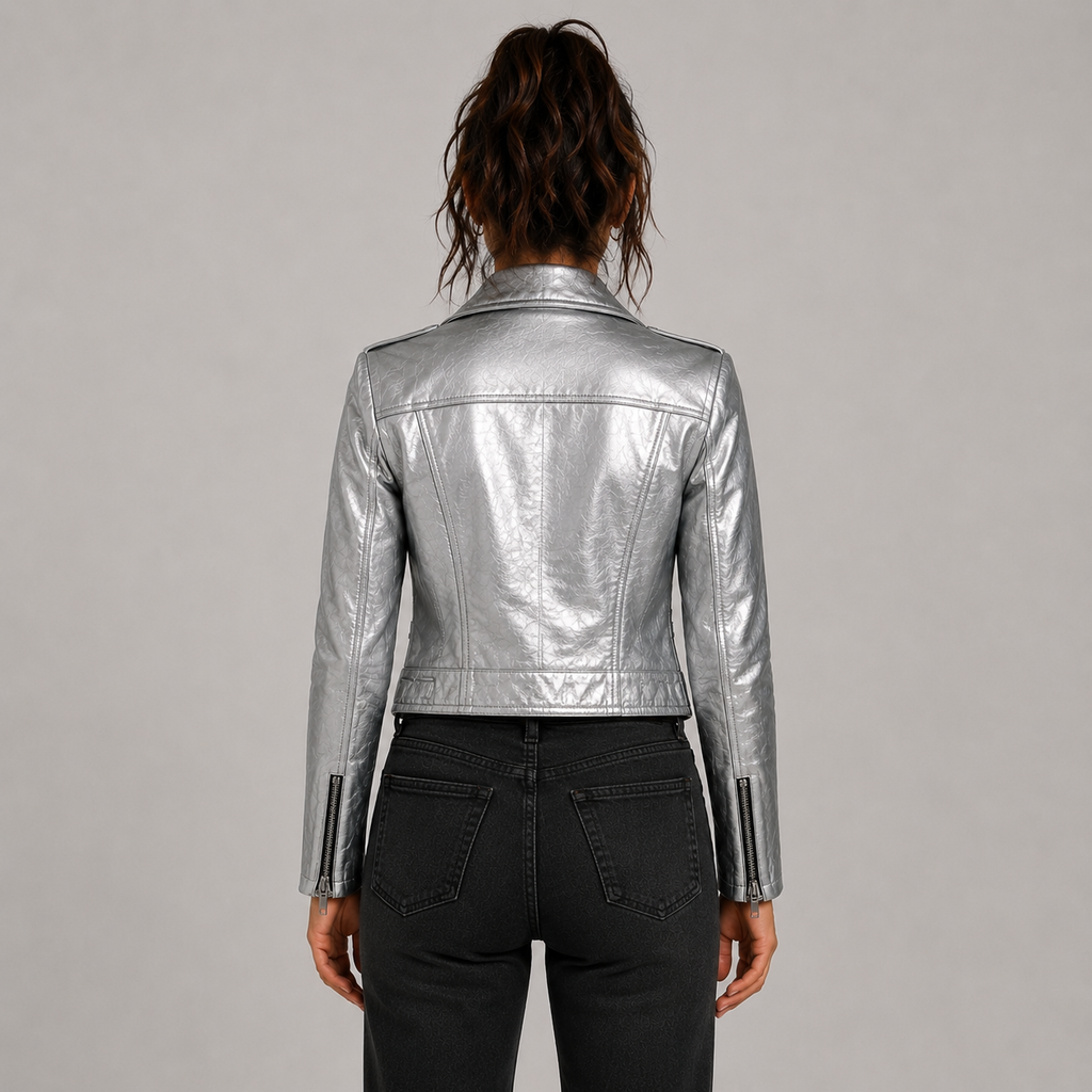 A woman viewed from the back wearing a metallic silver cropped leather jacket and black jeans, standing against a plain light gray studio background.