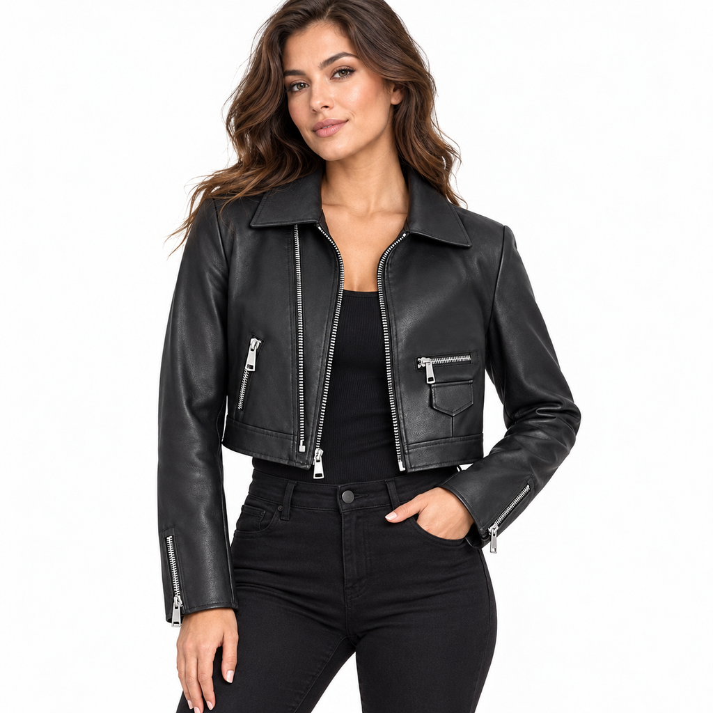 A woman modeling a black faux-leather moto jacket with silver zippers, paired with a black top and black jeans, against a plain white background.