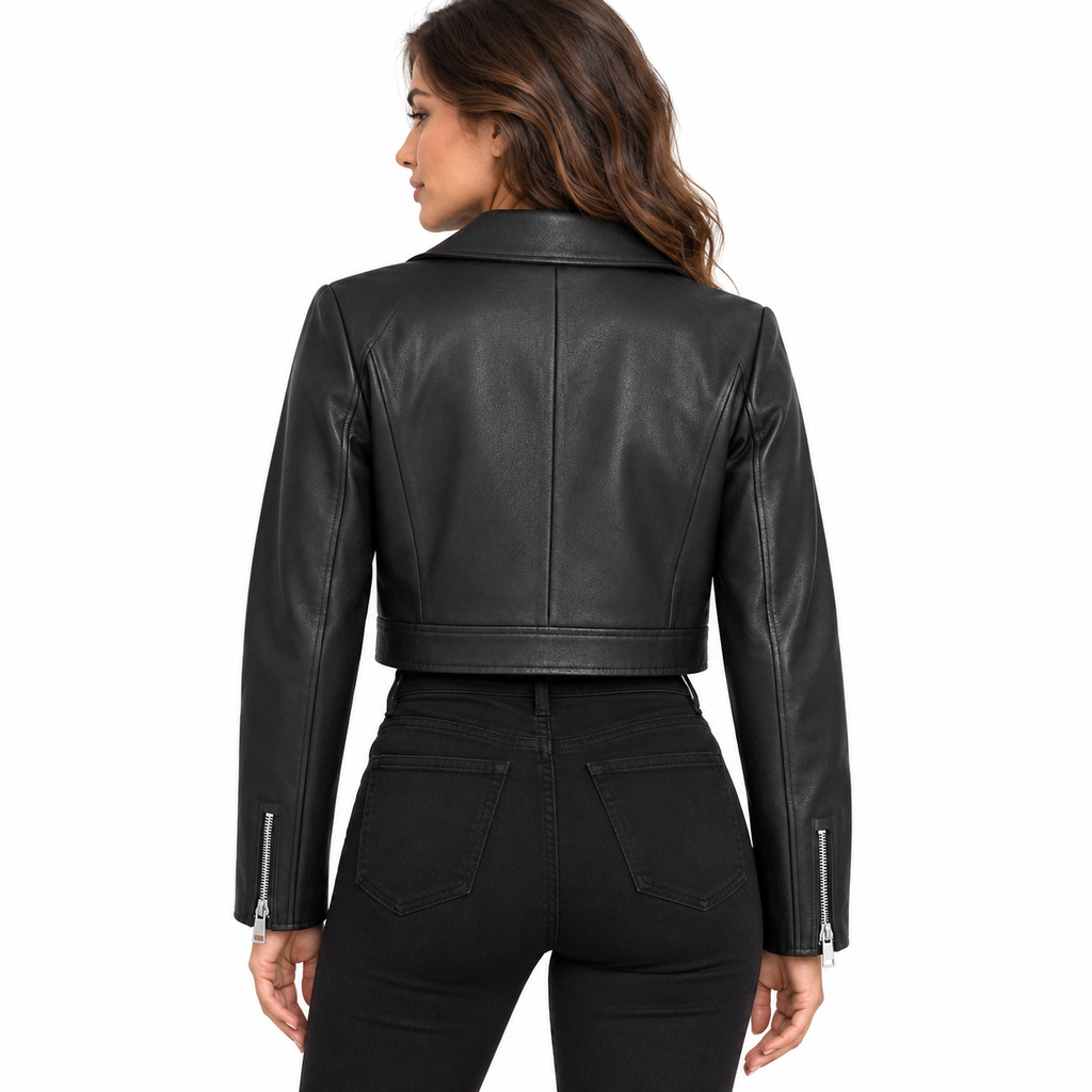 A woman shown from the back wearing a black cropped faux-leather moto jacket with silver zipper details on the sleeves, paired with black jeans, against a plain white background.