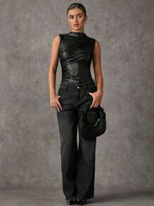 Full front view of a black sleeveless leather-look bodysuit with a draped high neckline, diagonal chest folds and high-cut leg openings.