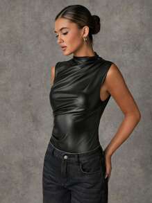 1. Rear three-quarter view of a black sleeveless leather-look bodysuit showing the covered upper back, fitted waist and high-cut leg openings.