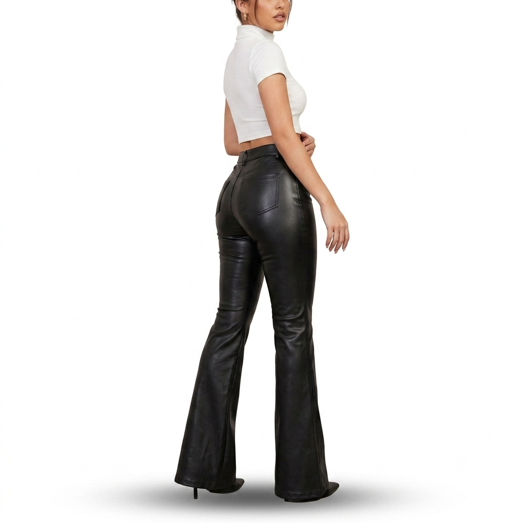 A woman shown from the back wearing black flared faux-leather pants and a white short-sleeve crop top against a plain white studio background.