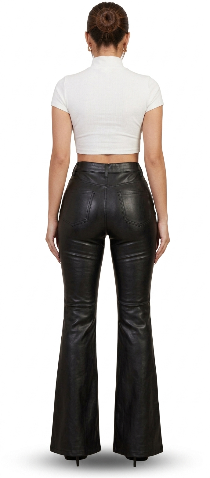 A woman shown from the back wearing black high-waisted leather flare pants and a white short-sleeve crop top, against a plain white background.