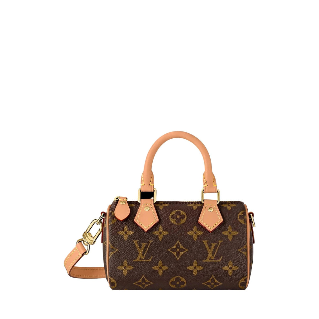 Designer handbag with monogram pattern on a black background