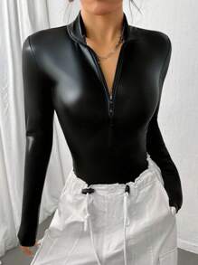 Women’s Black Faux Leather Long-Sleeve Bodysuit with Zip Neck and Stand Collar